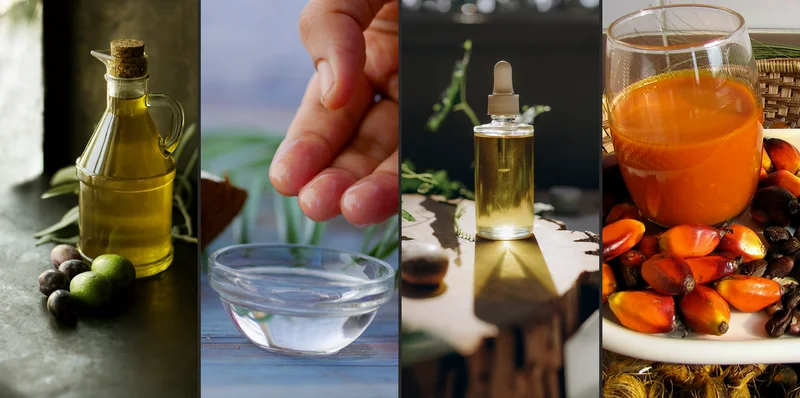 Olive, coconut, castor and red palm oil, each in glass